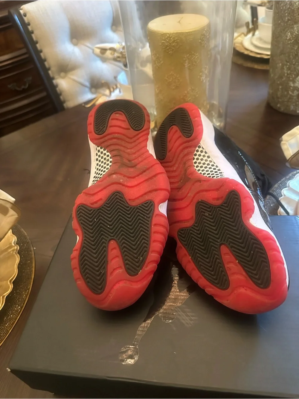 Slightly worn Jordan men’s Size 10 High-Top Sneakers in Black with Red Accents